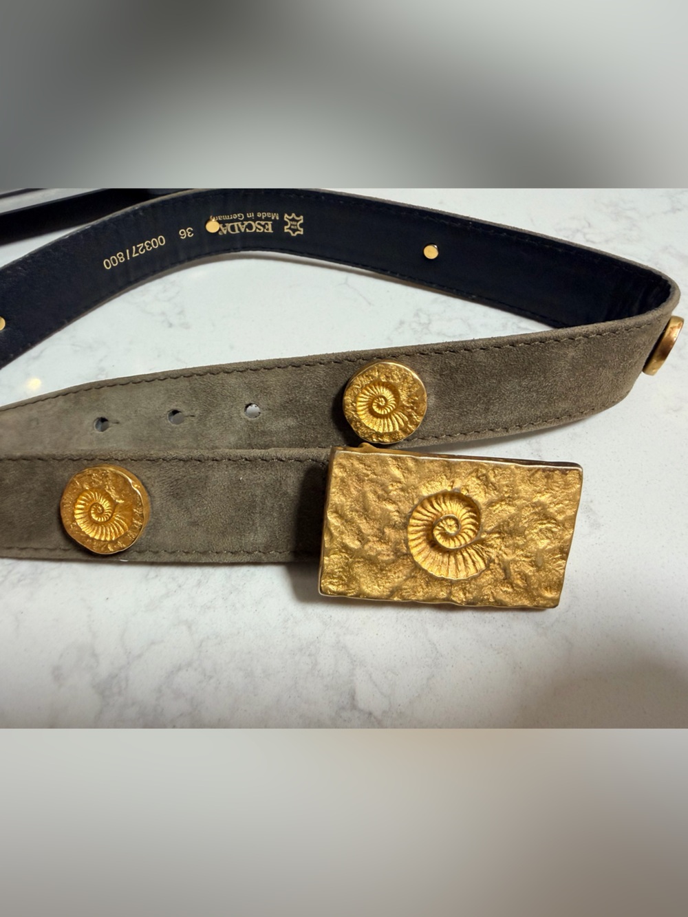 Escada women Taupe Suede Belt with Gold Nautilus-Embossed Buckle